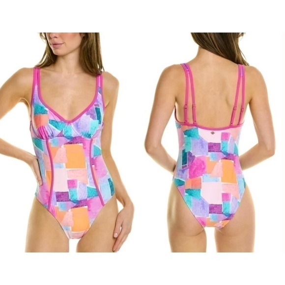 Nanette Lepore Pink Multi Color Block Molded One Piece Swimsuit Size 12 Large - Picture 7 of 7